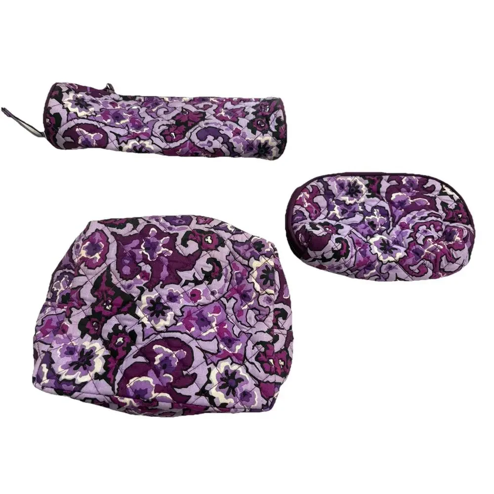 Vera Bradley Makeup Travel Set Of 3 in LILAC PAISLEY With Plastic Case